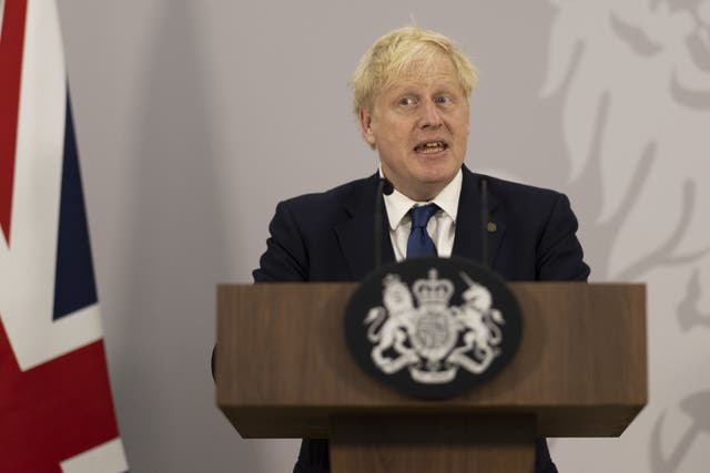Prime Minister Boris Johnson speaks at a press during the Commonwealth Heads of Government Meeting (CHOGM) at the Lemigo Hotel, Kigali, Rwanda