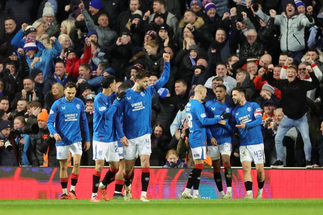 Rangers’ Robin Propper celebrates his goal against Celtic with his team-mates around him