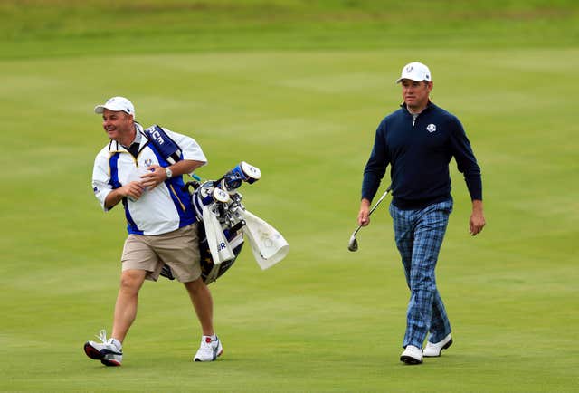 Lee Westwood, right, with Billy Foster during a practice session before the Ryder Cup at Gleneagles