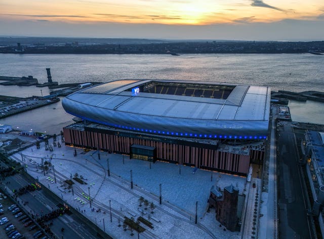 A drone view of Everton’s new stadium at Bramley Moore Dock