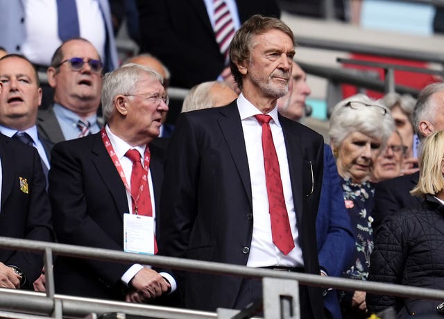 Sir Jim Ratcliffe stands next to Sir Alex Ferguson at Wembley