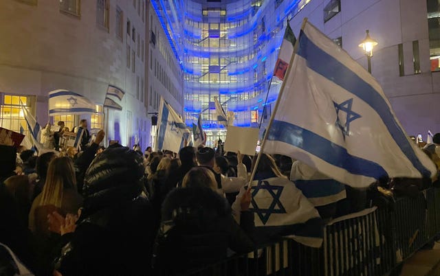 Israel flags were waved outside the BBC entrance in Portland Place
