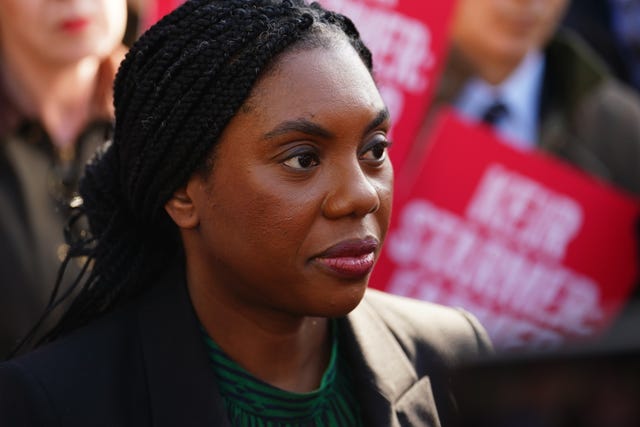 Conservative Party leader Kemi Badenoch speaking to a member of the media during a farmers protest in Whitehall, London, over the changes to inheritance tax (IHT) rules in the budget which introduced new taxes on farms 