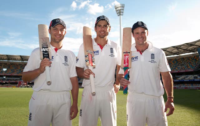 Jonathan Trott, Alastair Cook and Andrew Strauss, l-r, celebrate after the first Test in Brisbane in November 2010