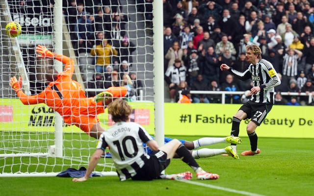 Newcastle’s Nick Woltemade scoring the opening goal during the 2-2 Premier League draw with Chelsea