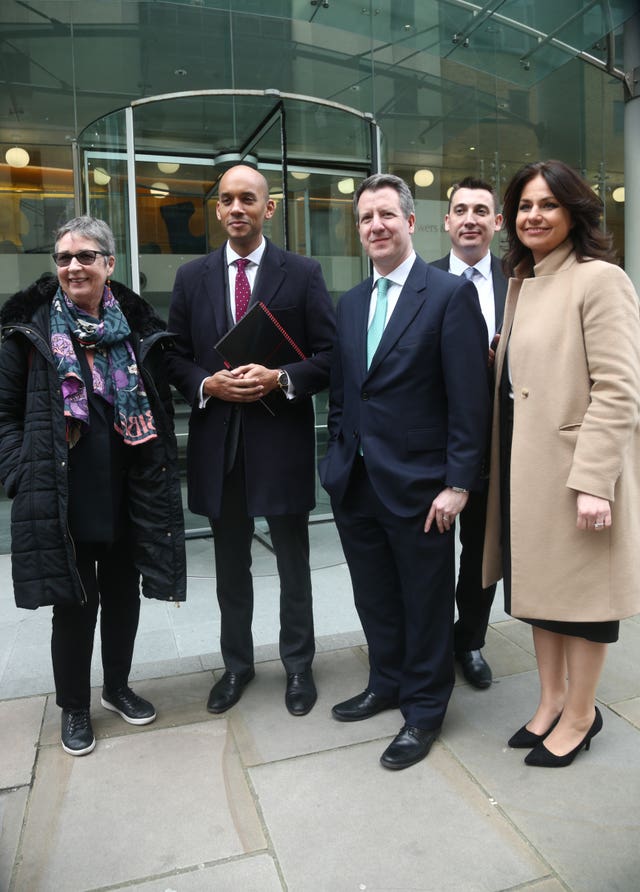 Independent Group MPs, left to right, Ann Coffey, Chuka Umunna, Chris Leslie, Gavin Shuker and Heidi Allen before talks at the Electoral Commission offices