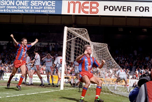 Alan Pardew (right) celebrates after scoring Crystal Palace's extra-time winner against Liverpool