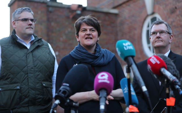 The DUP’s Gavin Robinson, Arlene Foster and Jeffery Donaldson at Stormont House