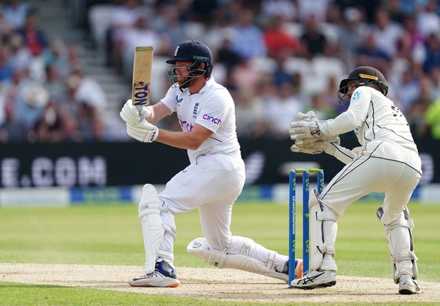 Jonny Bairstow, left, hits out on his way to a hundred at Headingley