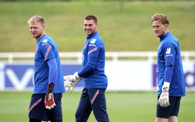 Aaron Ramsdale with Sam Johnstone and Jordan Pickford in England training