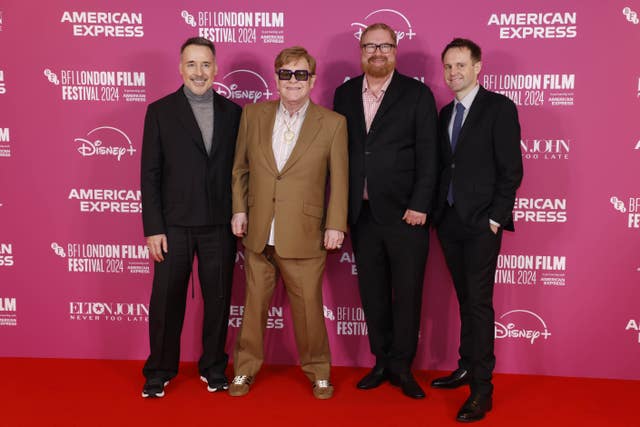 (Left to right) David Furnish, Elton John, director R.J Cutler, and producer Trevor Smith attend the European premiere of Elton John: Never Too Late. 