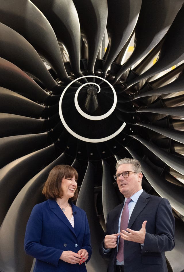 Labour leader Sir Keir Starmer, right, and shadow chancellor Rachel Reeves at Rolls-Royce's educational training facility in Derby