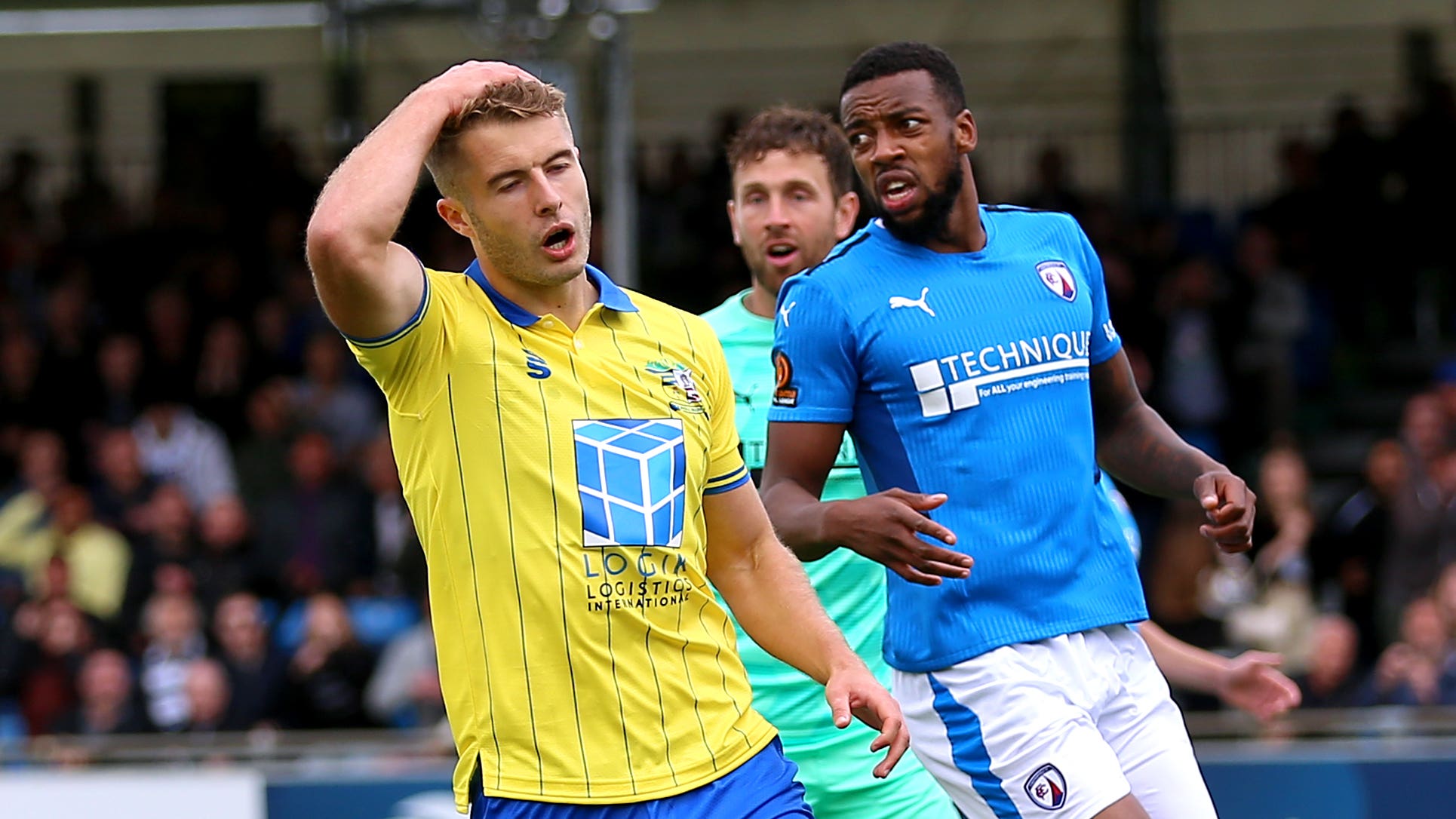 Solihull Moors’ Andrew Dallas (left) was denied at one end, but produced a vital clearance at the other (Nigel French/PA)