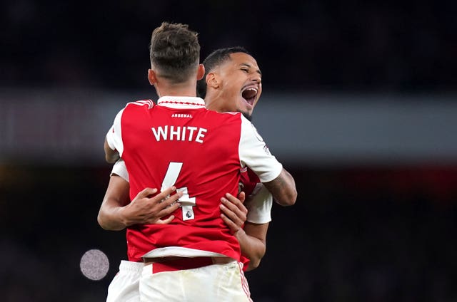 Arsenal’s Ben White and William Saliba celebrate at the final whistle in Sunday's 3-2 Premier League win over Liverpool