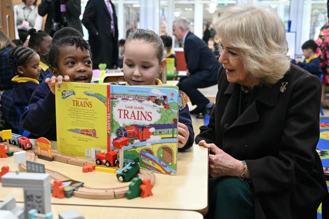 Camilla meeting pupils during a visit to Christ Church Primary School in London in February 