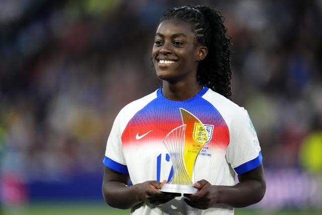 England’s Michelle Agyemang with the Young Player of the Tournament trophy after the Euro 2025 final