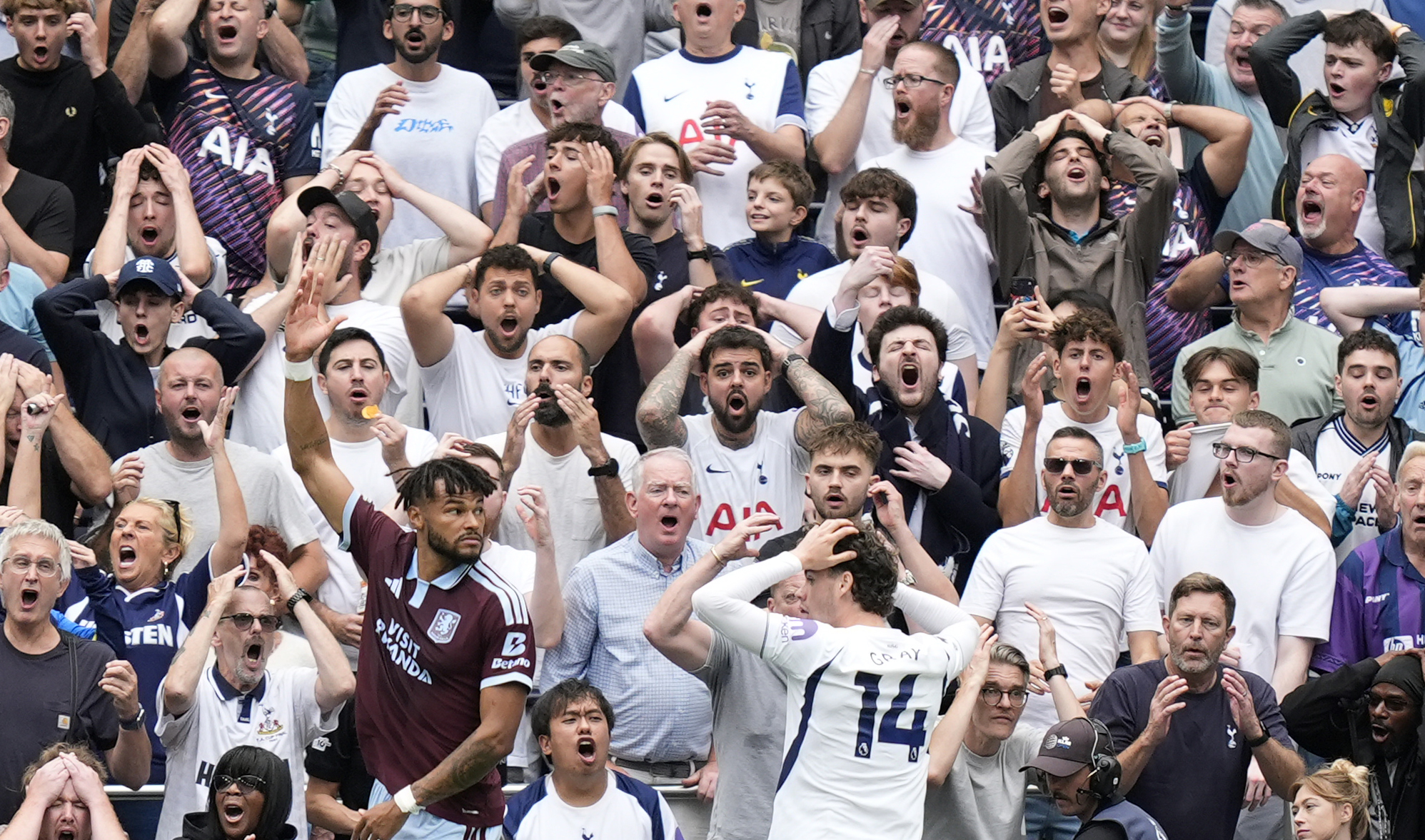 Tottenham Hotspur fans react as Archie Gray goes close during a Premier League match