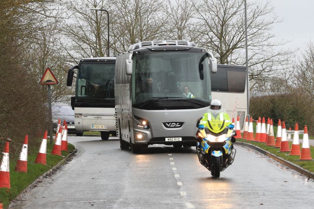 Coaches carrying coronavirus evacuees arrive at Kents Hill Park Training and Conference Centre, in Milton Keynes, after being repatriated to the UK from the coronavirus-hit city of Wuhan in China 