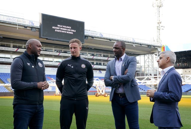 Mayor of London Sadiq Khan is joined by Marcus Gale (left), Byron Webster and Patrick Vieira (second right) at the launch of his campaign to tackle violence against women and girls, at Selhurst Park, Crystal Palace Football stadium in London