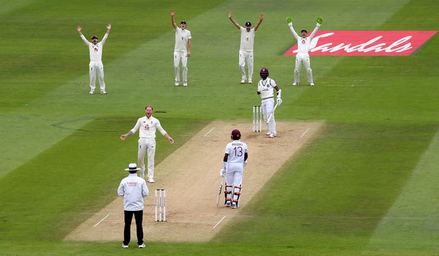 Ben Stokes successfully appeals for the wicket of Kraigg Brathwaite