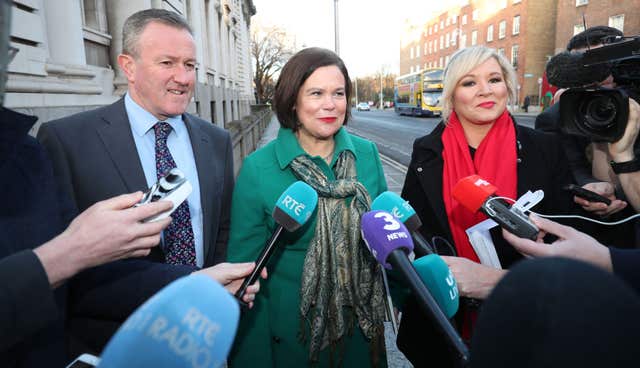 Conor Murphy, Mary Lou McDonald and Michelle O’Neill arrive at Government Buildings in Dublin (Niall Carson/PA)