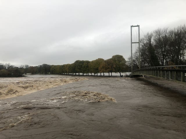 The River Taff flooding in Pontypridd, Wales 