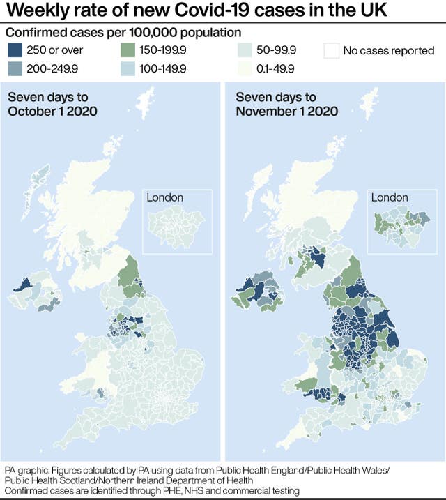 Weekly rate of new Covid-19 cases in the UK