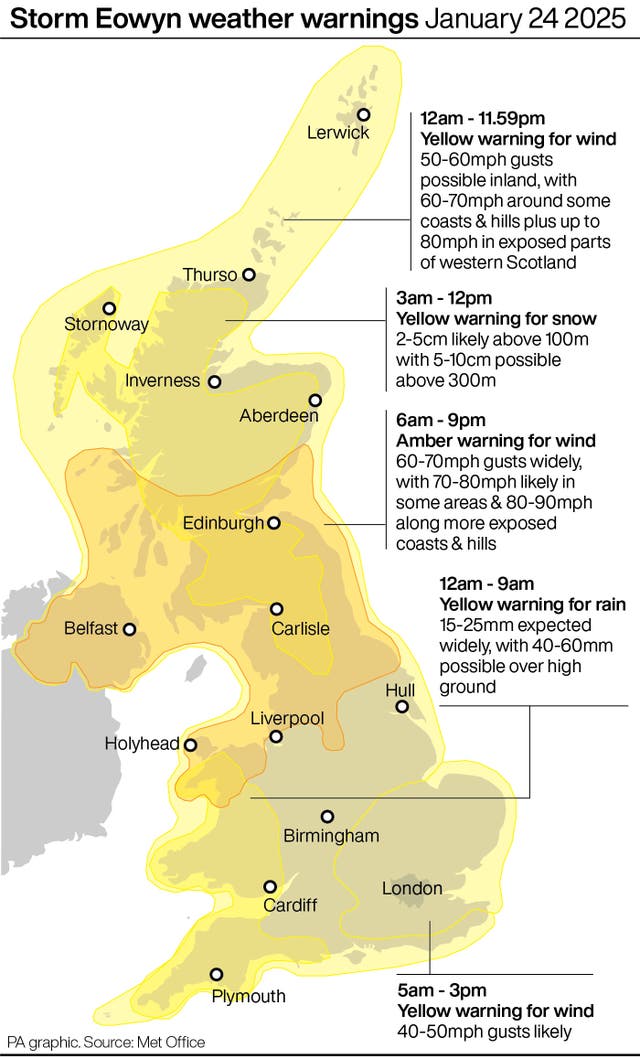 Map of UK showing yellow and amber weather warning areas