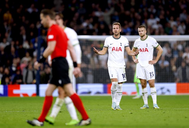 Harry Kane (second right) reacts after his goal is disallowed