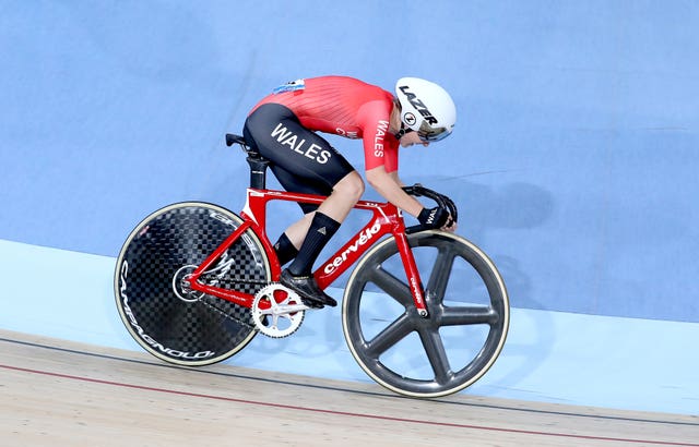 Wales’ Elinor Barker en route to gold in the women’s 25km points race at the Anna Meares Velodrome
