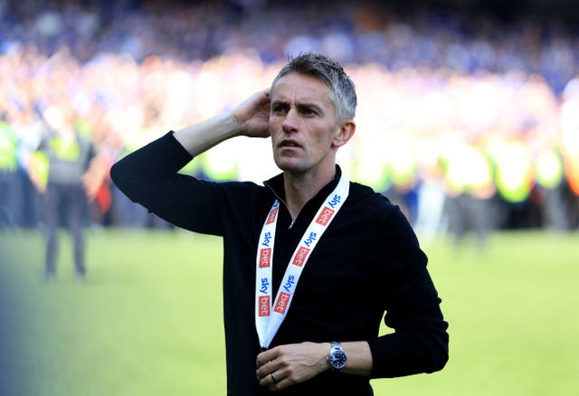 Former Ipswich manager Kieran McKenna celebrates on the pitch after securing promotion following a Sky Bet Championship match against QPR