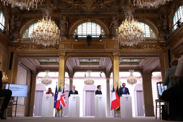 From left, Italian Prime Minister Giorgia Meloni, Prime Minister Sir Keir Starmer, French President Emmanuel Macron and German Chancellor Friedrich Merz at a press conference after a multinational coalition summit to facilitate shipping in the Strait of Hormuz