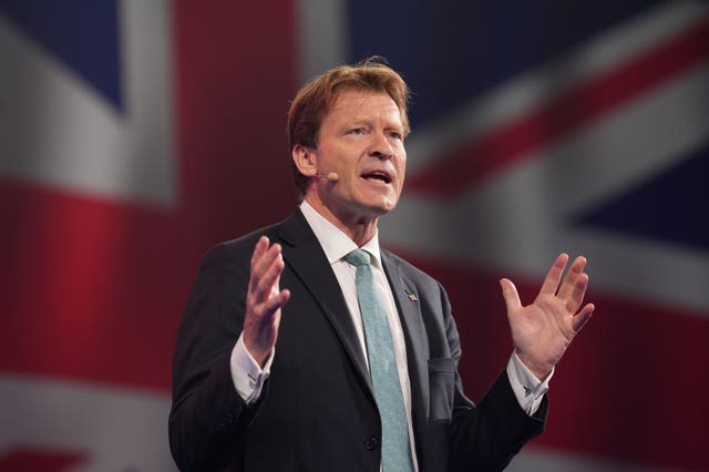 Richard Tice, deputy leader of Reform UK, speaks at the party’s annual conference at the National Exhibition Centre in Birmingham