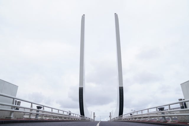 The Gull Wing Bridge in Lowestoft, Suffolk, the largest rolling bascule bridge in the world, lifted using hydraulic cylinders