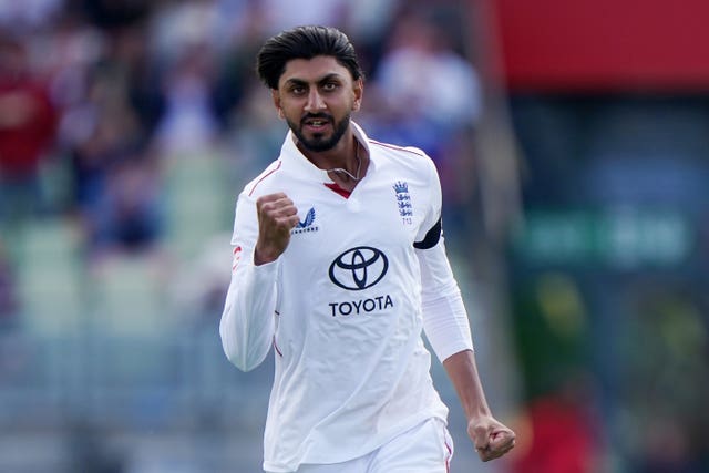 Shoaib Bashir celebrates Rishabh Pant's wicket at Edgbaston in 2025.