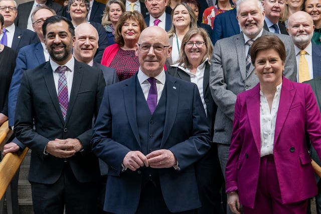 Humza Yousaf, left with his successor as first minister, John Swinney, and former first minister Nicola Sturgeon 