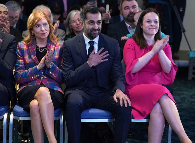 From left, Ash Regan, Humza Yousaf and Kate Forbes after the winner of the SNP's leadership contest was announced