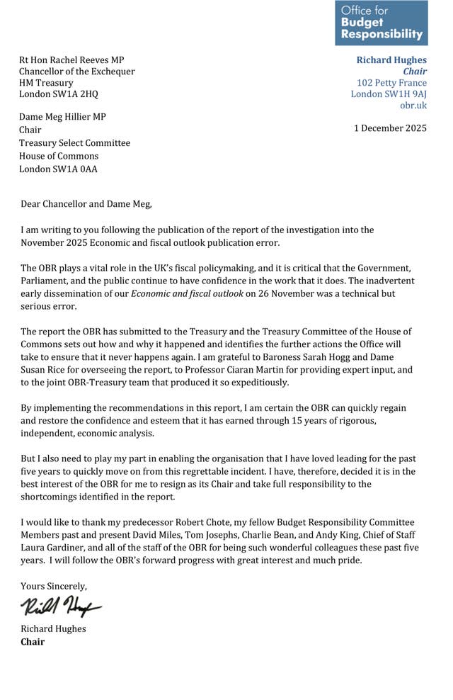 Richard Hughes's letter of resignation