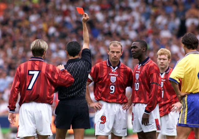 Paul Scholes was sent off in the 0-0 draw at Wembley in 1999 (Owen Humphreys/PA).