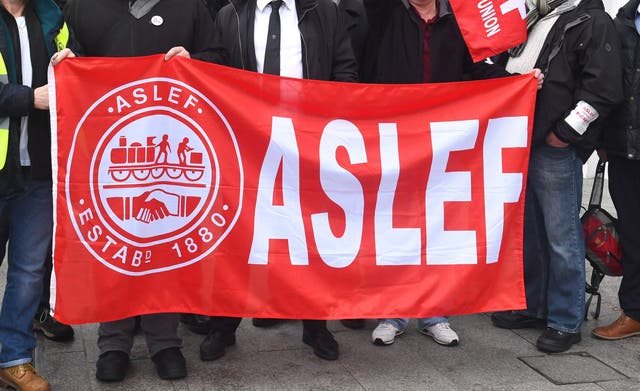 A flag on an Aslef picket line (Victoria Jones/PA)