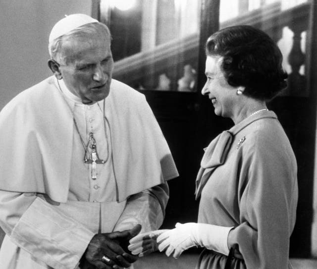 Pope John Paul II and Queen Elizabeth II meeting at Buckingham Palace in 1982