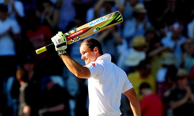 Sir Andrew Strauss celebrates a century against the West Indies in 2012