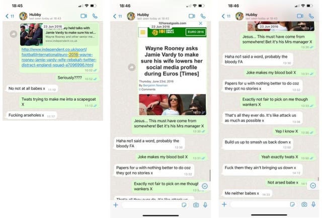 Screen grabs of Rebekah Vardy's text messages