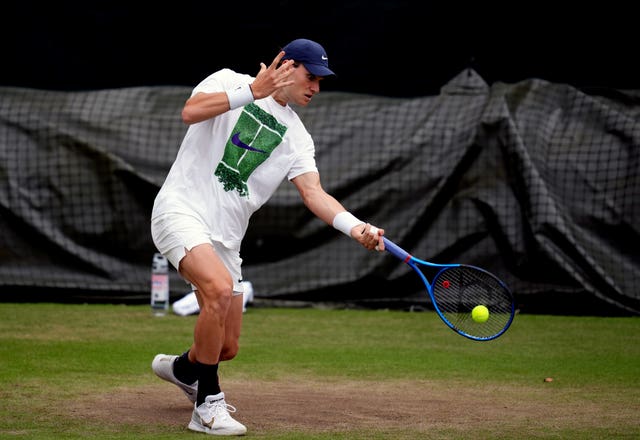 Jack Draper hits a forehand on the Wimbledon practice courts