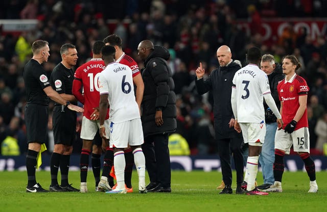 Crystal Palace boss Patrick Vieira has words with referee Andre Marriner 