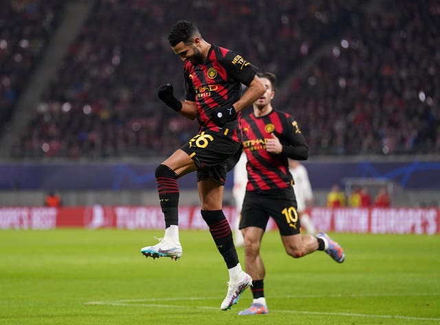 Riyad Mahrez celebrates scoring against RB Leipzig