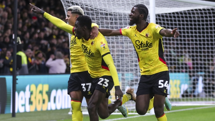 Watford’s Ismaila Sarr, centre, celebrates scoring (Ben Whitley/PA)