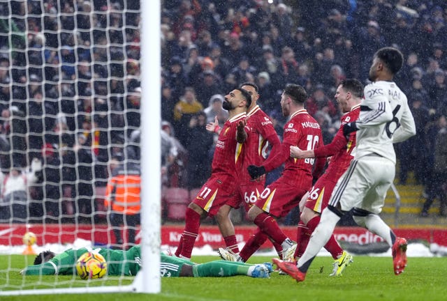Liverpool’s Mohamed Salah celebrates scoring their side’s second goal of the game during the Premier League match at Anfield, Liverpool. Picture date: Sunday January 5, 2025