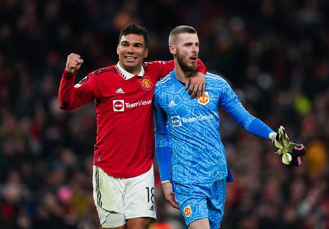 Casemiro and David De Gea celebrate Manchester United's victory