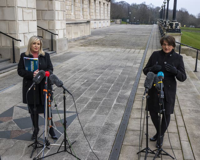 Northern Ireland deputy First Minister Michelle O'Neill and Northern Ireland First Minister Arlene Foster during a press conference at Stormont on the pathway to recovery